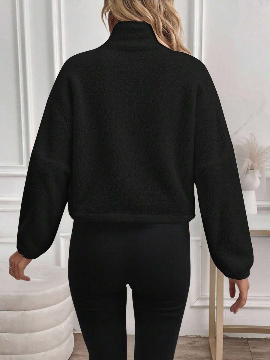SHEIN LUNE Women's Casual Minimalist Black Reversible Fleece Zip-Up Drawstring Long Sleeve Crew Neck Sweatshirt Jacket, Suitable For Autumn/Winter,Fall,Fall Clothes For Women