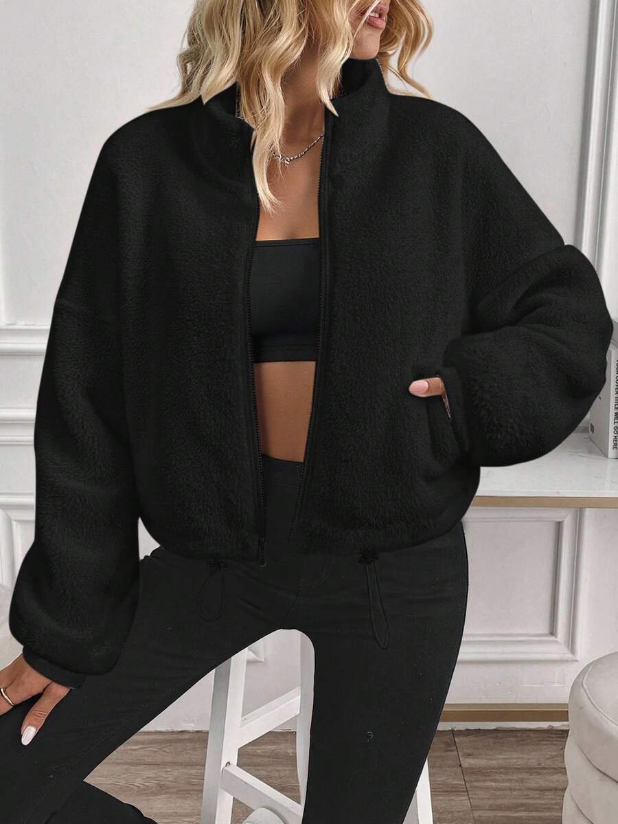 SHEIN LUNE Women's Casual Minimalist Black Reversible Fleece Zip-Up Drawstring Long Sleeve Crew Neck Sweatshirt Jacket, Suitable For Autumn/Winter,Fall,Fall Clothes For Women
