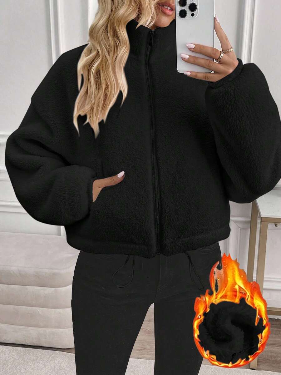 SHEIN LUNE Women's Casual Minimalist Black Reversible Fleece Zip-Up Drawstring Long Sleeve Crew Neck Sweatshirt Jacket, Suitable For Autumn/Winter,Fall,Fall Clothes For Women