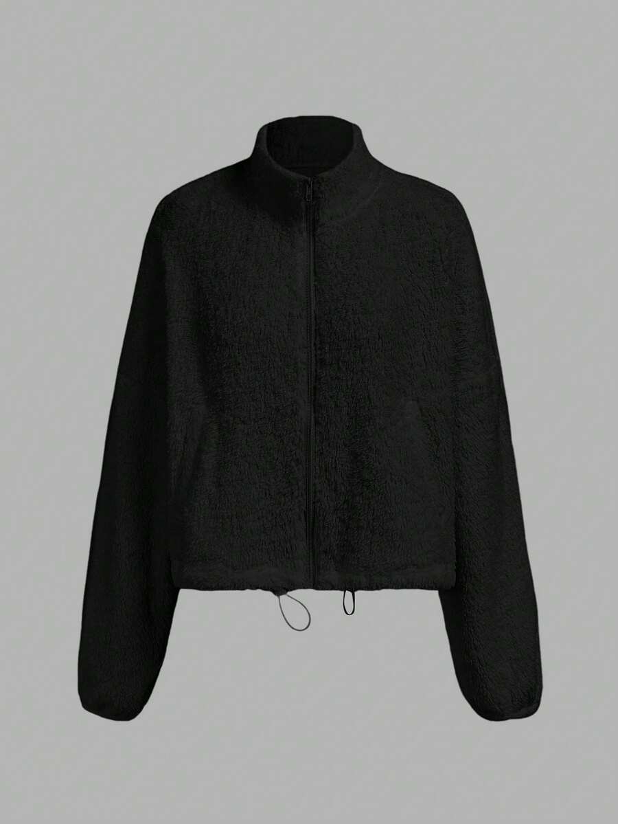 SHEIN LUNE Women's Casual Minimalist Black Reversible Fleece Zip-Up Drawstring Long Sleeve Crew Neck Sweatshirt Jacket, Suitable For Autumn/Winter,Fall,Fall Clothes For Women