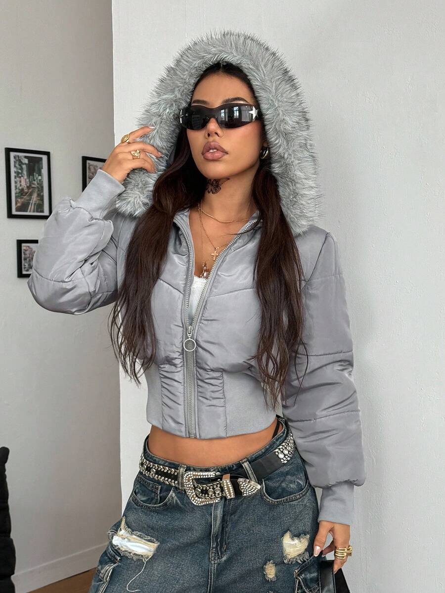 Coolane Women's Winter RETRO PUNK Hippie Grunge  Streetwear  Vintage Tree Branch Pattern Warm/ Cold Weather/ Thermal Padded Fuzzy Neck Zip Up Quilted Coat Cropped Puffer Jacket Faux Fur Trimmed Jacket Camo Jacket
