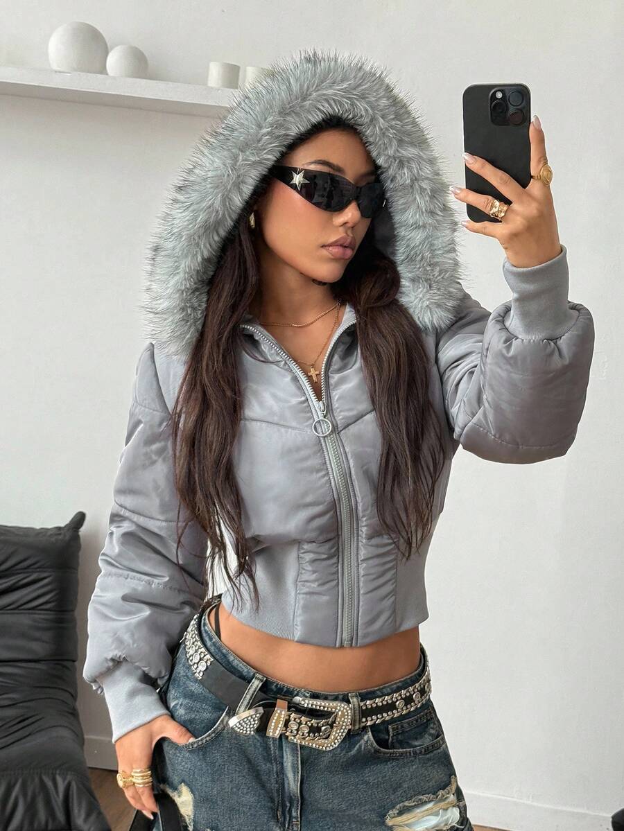Coolane Women's Winter Streetwear Basic Daily Wear Quilted Coat With Flannelette Hat Brown Warm/ Cold Weather/ Thermal Crop Jacket