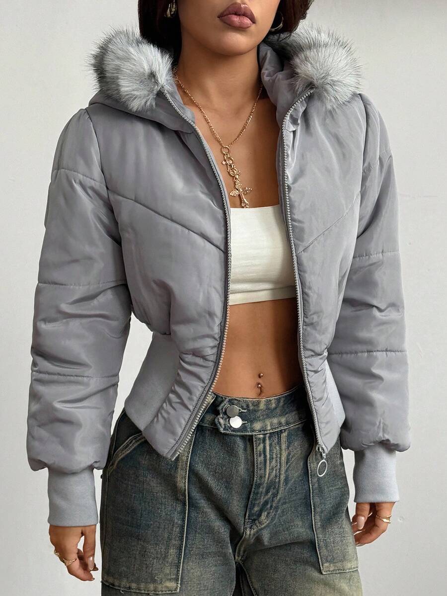 Coolane Women's Winter Streetwear Basic Daily Wear Quilted Coat With Flannelette Hat Brown Warm/ Cold Weather/ Thermal Crop Jacket