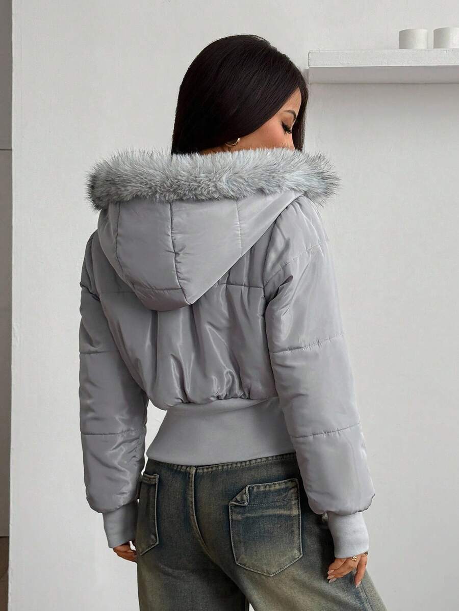 Coolane Women's Winter Streetwear Basic Daily Wear Quilted Coat With Flannelette Hat Brown Warm/ Cold Weather/ Thermal Crop Jacket