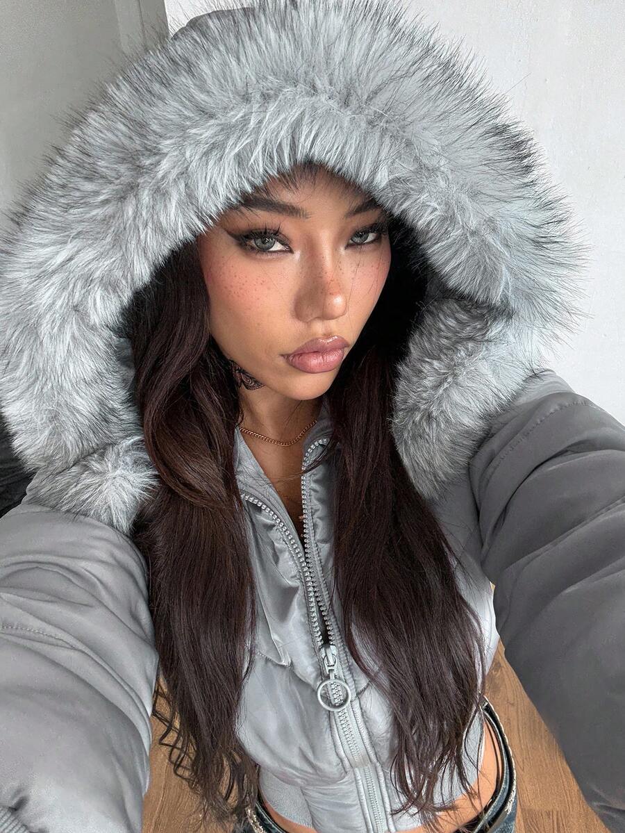 Coolane Women's Winter Streetwear Basic Daily Wear Quilted Coat With Flannelette Hat Brown Warm/ Cold Weather/ Thermal Crop Jacket