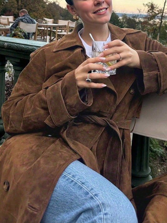 Elegant Long Suedette Trench Coat For Women, Long Sleeve, Regular Fit, With Collar And Double Button Design, Suitable For Business And Commute, Autumn/Winter