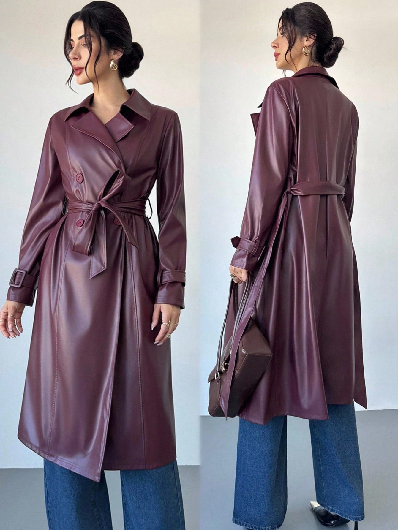Firerie Women's Elegant Red Long Sleeve Solid Color Red PU Leather Long Jacket, Autumn/Winter Fashion Women's Long Leather Burgundy Trench Coat,Burgundy Coat,Burgundy Fashion Coat,Versatile And Practical Coat,Fall,Fashionable & Versatile Commuter Ancla R