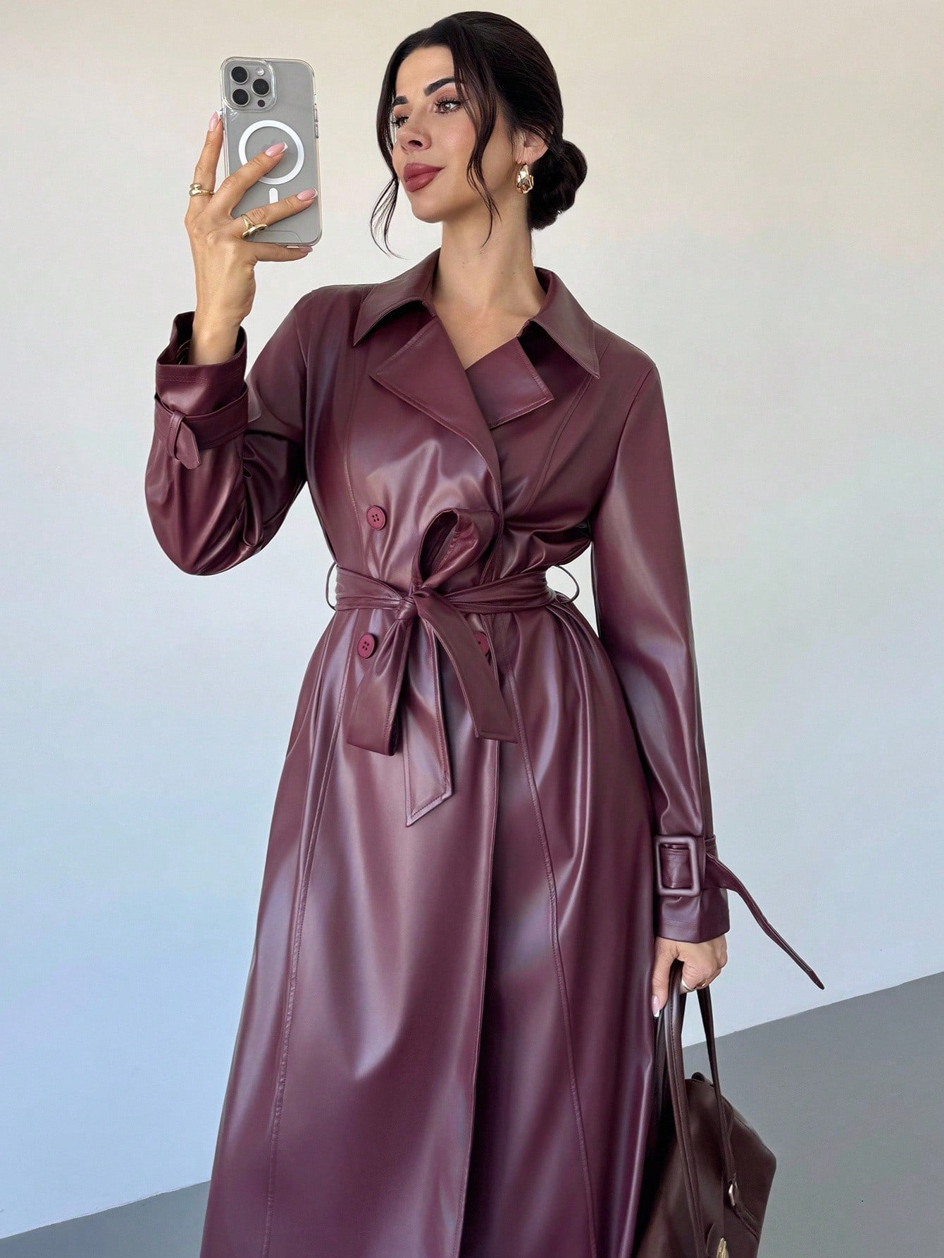 Firerie Women's Elegant Red Long Sleeve Solid Color Red PU Leather Long Jacket, Autumn/Winter Fashion Women's Long Leather Burgundy Trench Coat,Burgundy Coat,Burgundy Fashion Coat,Versatile And Practical Coat,Fall,Fashionable & Versatile Commuter Ancla R