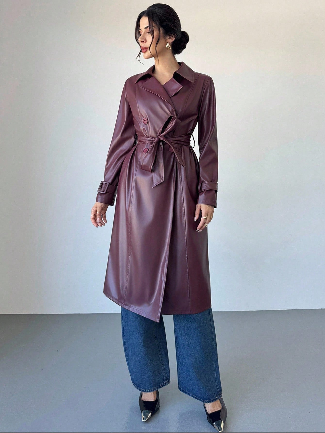 Firerie Women's Elegant Red Long Sleeve Solid Color Red PU Leather Long Jacket, Autumn/Winter Fashion Women's Long Leather Burgundy Trench Coat,Burgundy Coat,Burgundy Fashion Coat,Versatile And Practical Coat,Fall,Fashionable & Versatile Commuter Ancla R