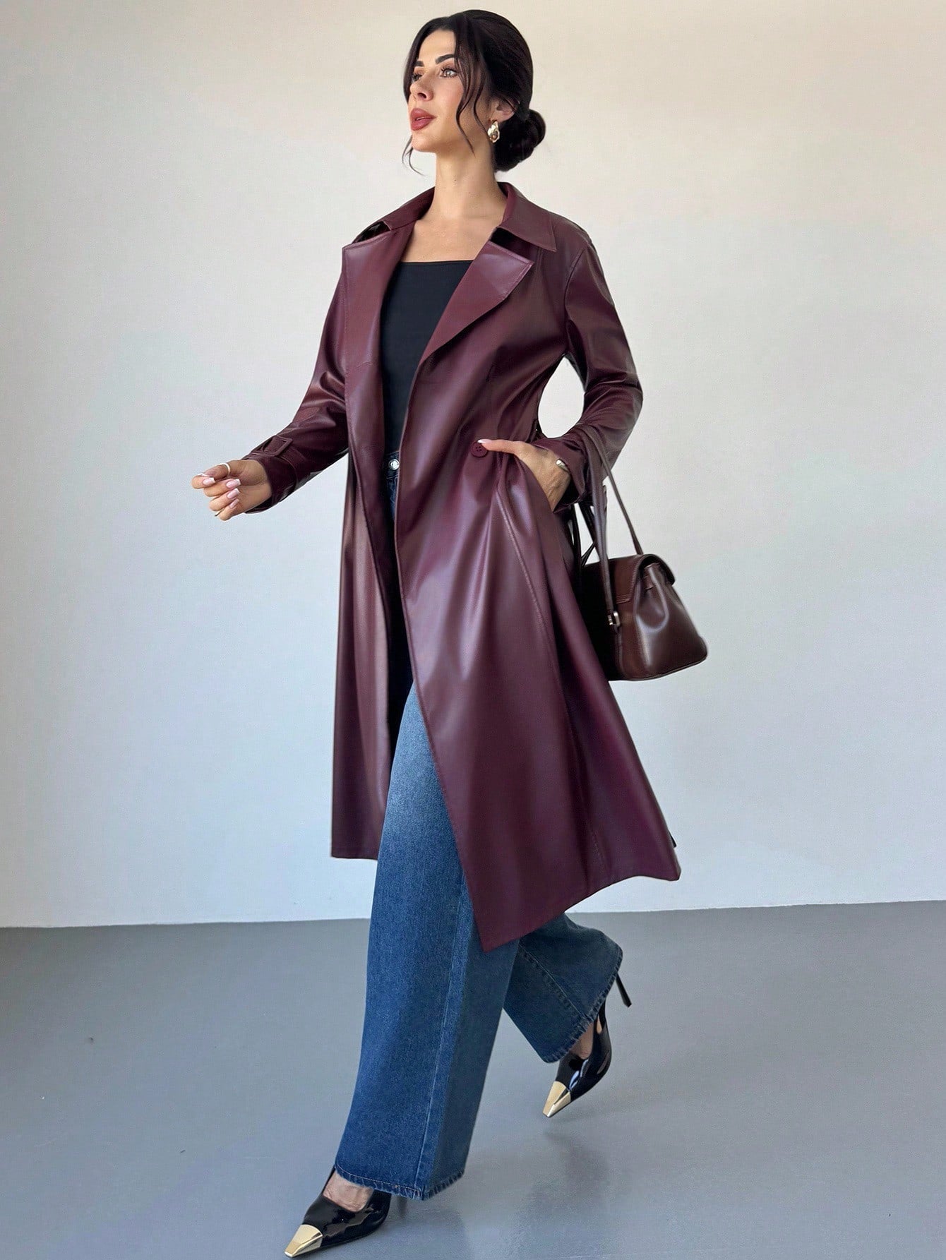 Firerie Women's Elegant Red Long Sleeve Solid Color Red PU Leather Long Jacket, Autumn/Winter Fashion Women's Long Leather Burgundy Trench Coat,Burgundy Coat,Burgundy Fashion Coat,Versatile And Practical Coat,Fall,Fashionable & Versatile Commuter Ancla R
