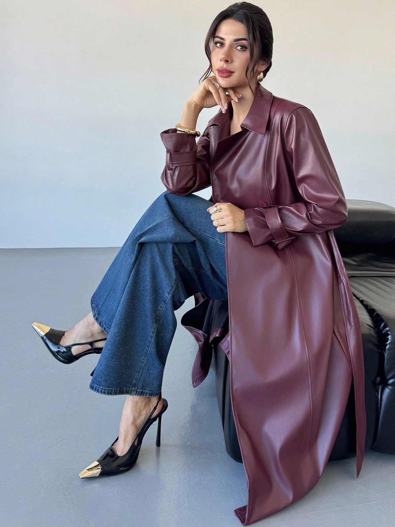 Firerie Women's Elegant Red Long Sleeve Solid Color Red PU Leather Long Jacket, Autumn/Winter Fashion Women's Long Leather Burgundy Trench Coat,Burgundy Coat,Burgundy Fashion Coat,Versatile And Practical Coat,Fall,Fashionable & Versatile Commuter Ancla R