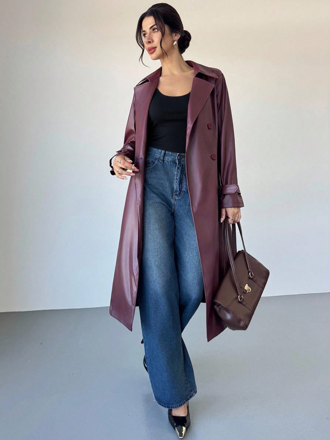 Firerie Women's Elegant Red Long Sleeve Solid Color Red PU Leather Long Jacket, Autumn/Winter Fashion Women's Long Leather Burgundy Trench Coat,Burgundy Coat,Burgundy Fashion Coat,Versatile And Practical Coat,Fall,Fashionable & Versatile Commuter Ancla R