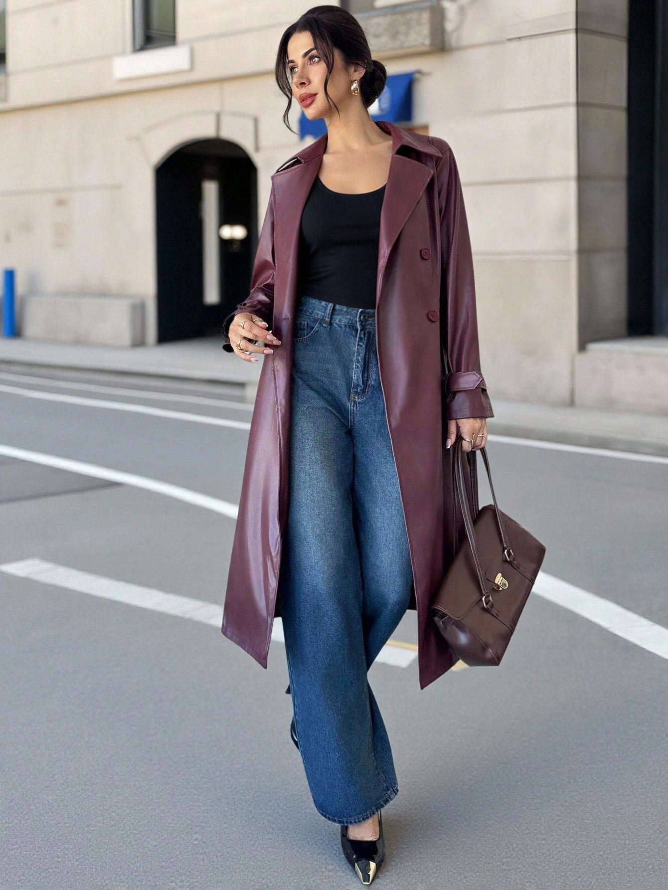 Firerie Women's Elegant Red Long Sleeve Solid Color Red PU Leather Long Jacket, Autumn/Winter Fashion Women's Long Leather Burgundy Trench Coat,Burgundy Coat,Burgundy Fashion Coat,Versatile And Practical Coat,Fall,Fashionable & Versatile Commuter Ancla R