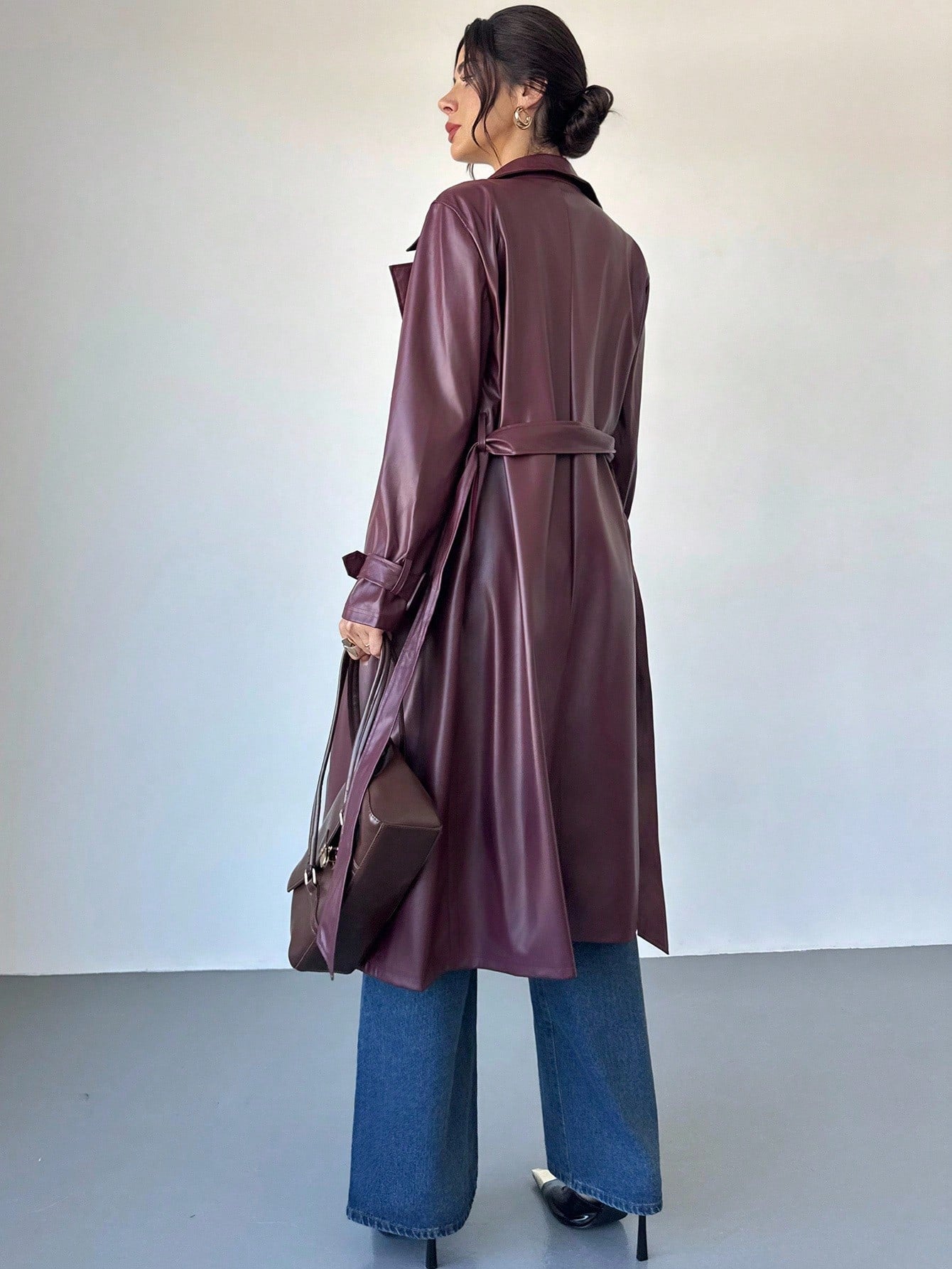 Firerie Women's Elegant Red Long Sleeve Solid Color Red PU Leather Long Jacket, Autumn/Winter Fashion Women's Long Leather Burgundy Trench Coat,Burgundy Coat,Burgundy Fashion Coat,Versatile And Practical Coat,Fall,Fashionable & Versatile Commuter Ancla R