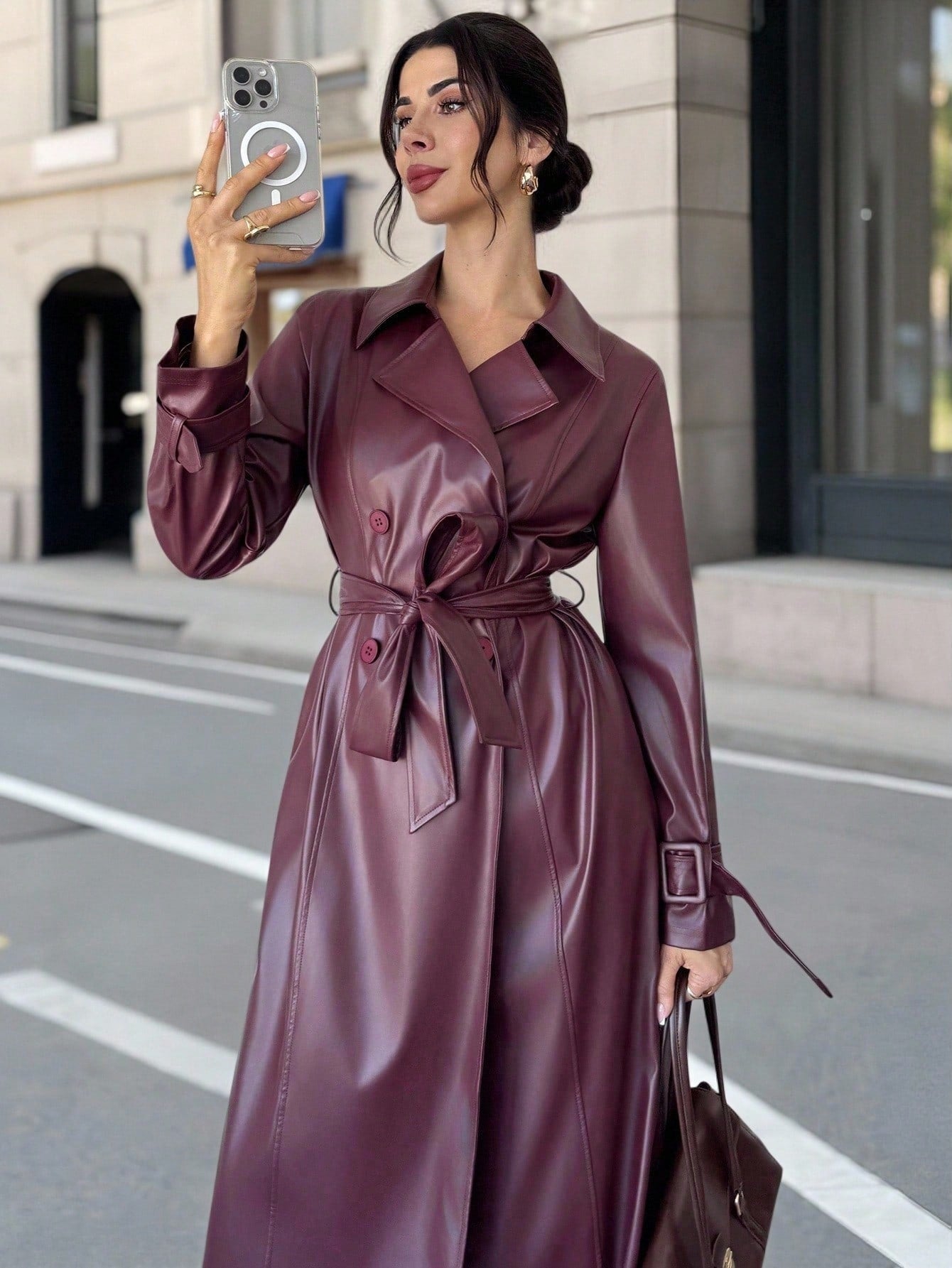 Firerie Women's Elegant Red Long Sleeve Solid Color Red PU Leather Long Jacket, Autumn/Winter Fashion Women's Long Leather Burgundy Trench Coat,Burgundy Coat,Burgundy Fashion Coat,Versatile And Practical Coat,Fall,Fashionable & Versatile Commuter Ancla R