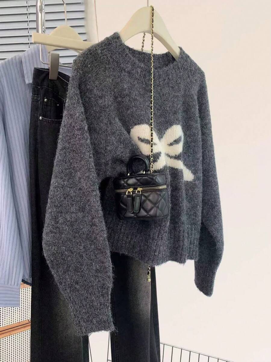 Bow Knit Pullover Sweater, Ribbed Crew Neck Cute Sweater For Women, Autumn