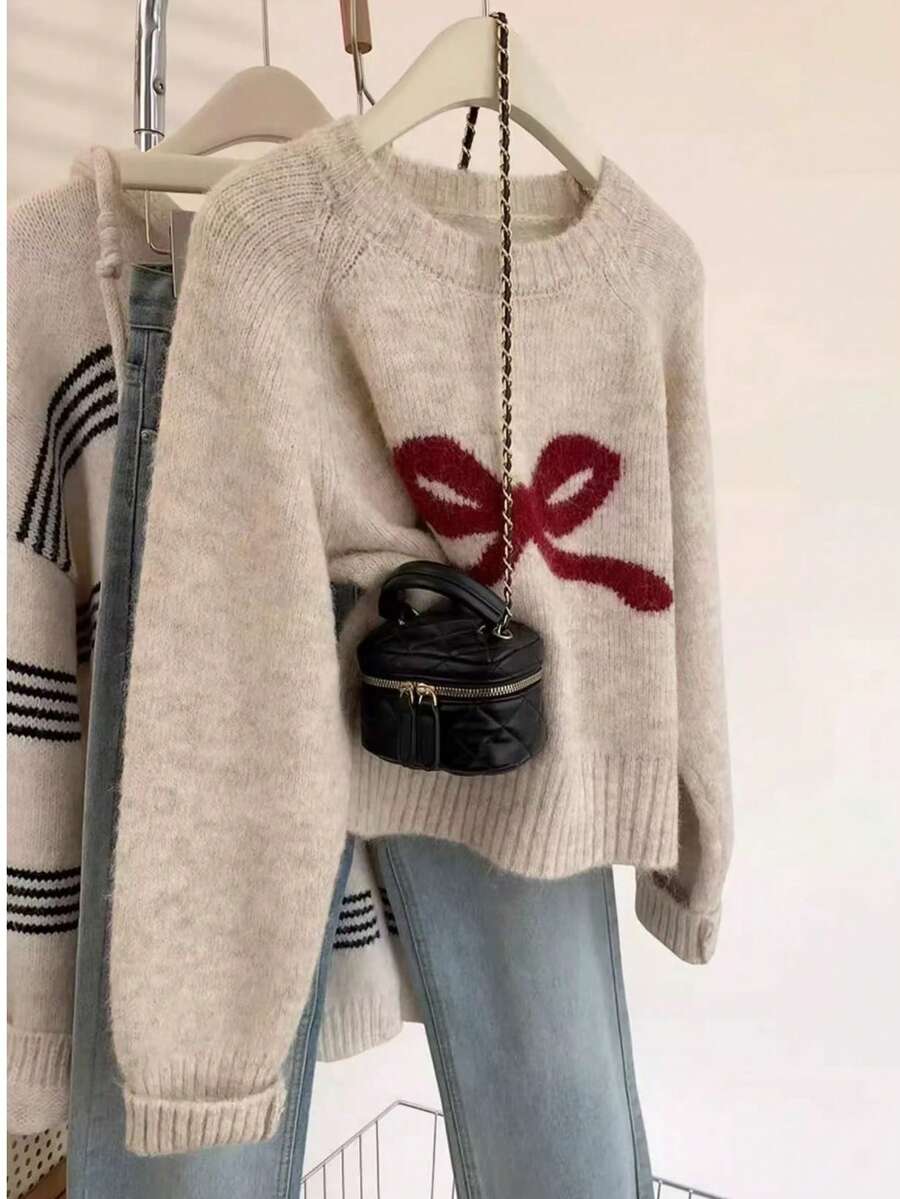 Bow Knit Pullover Sweater, Ribbed Crew Neck Cute Sweater For Women, Autumn