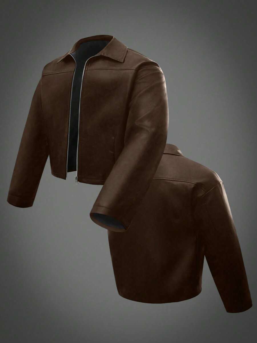 Manfinity LEGND Classic Brown PU Leather Jacket For Men Short Length Wrist-Length Sleeve, Fall/Winter
