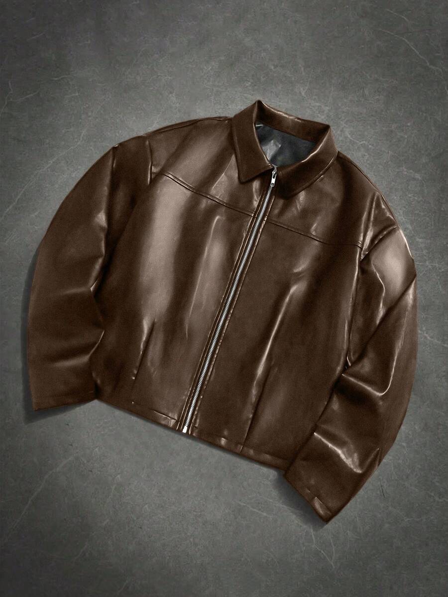 Manfinity LEGND Classic Brown PU Leather Jacket For Men Short Length Wrist-Length Sleeve, Fall/Winter