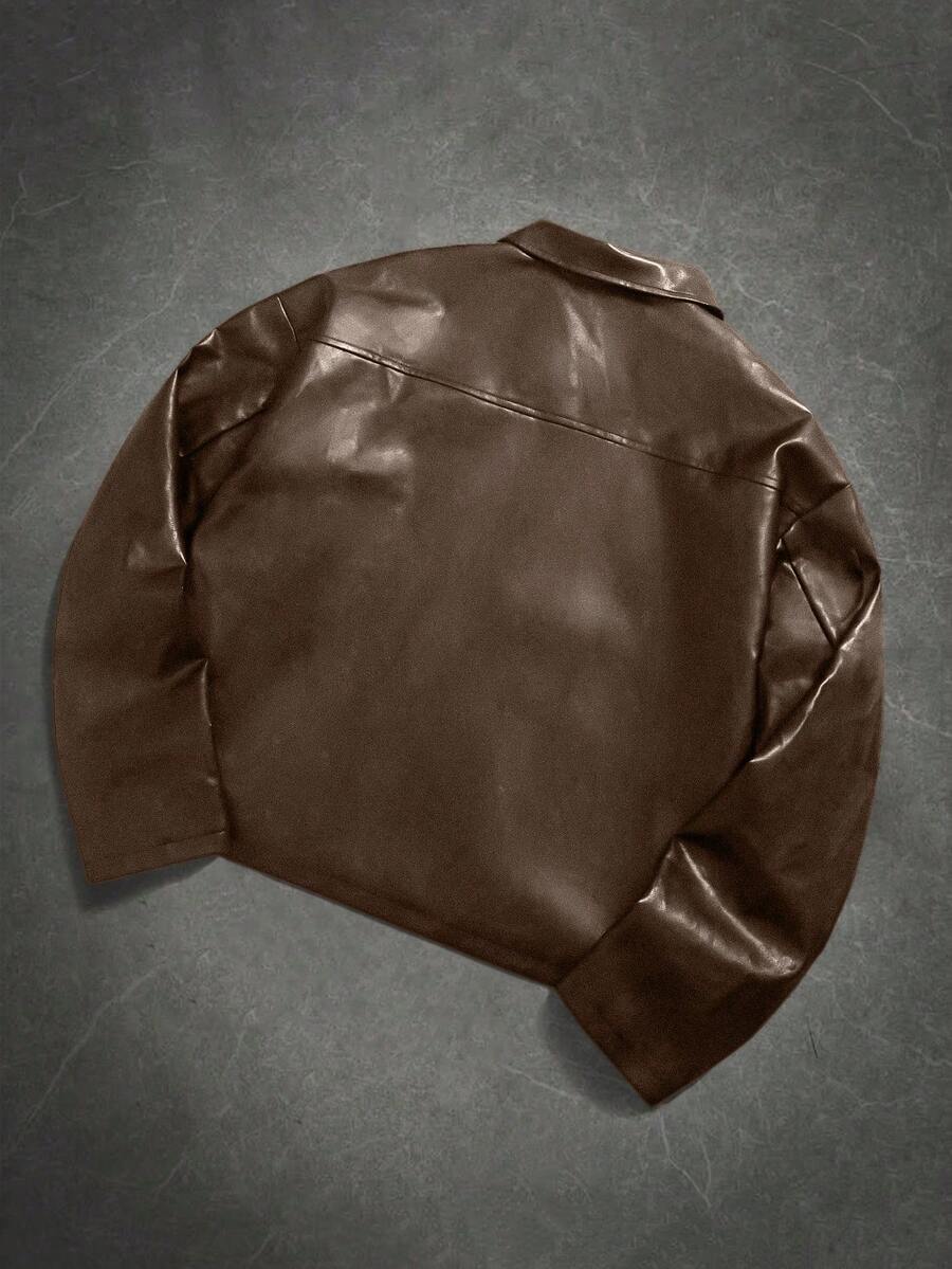 Manfinity LEGND Classic Brown PU Leather Jacket For Men Short Length Wrist-Length Sleeve, Fall/Winter
