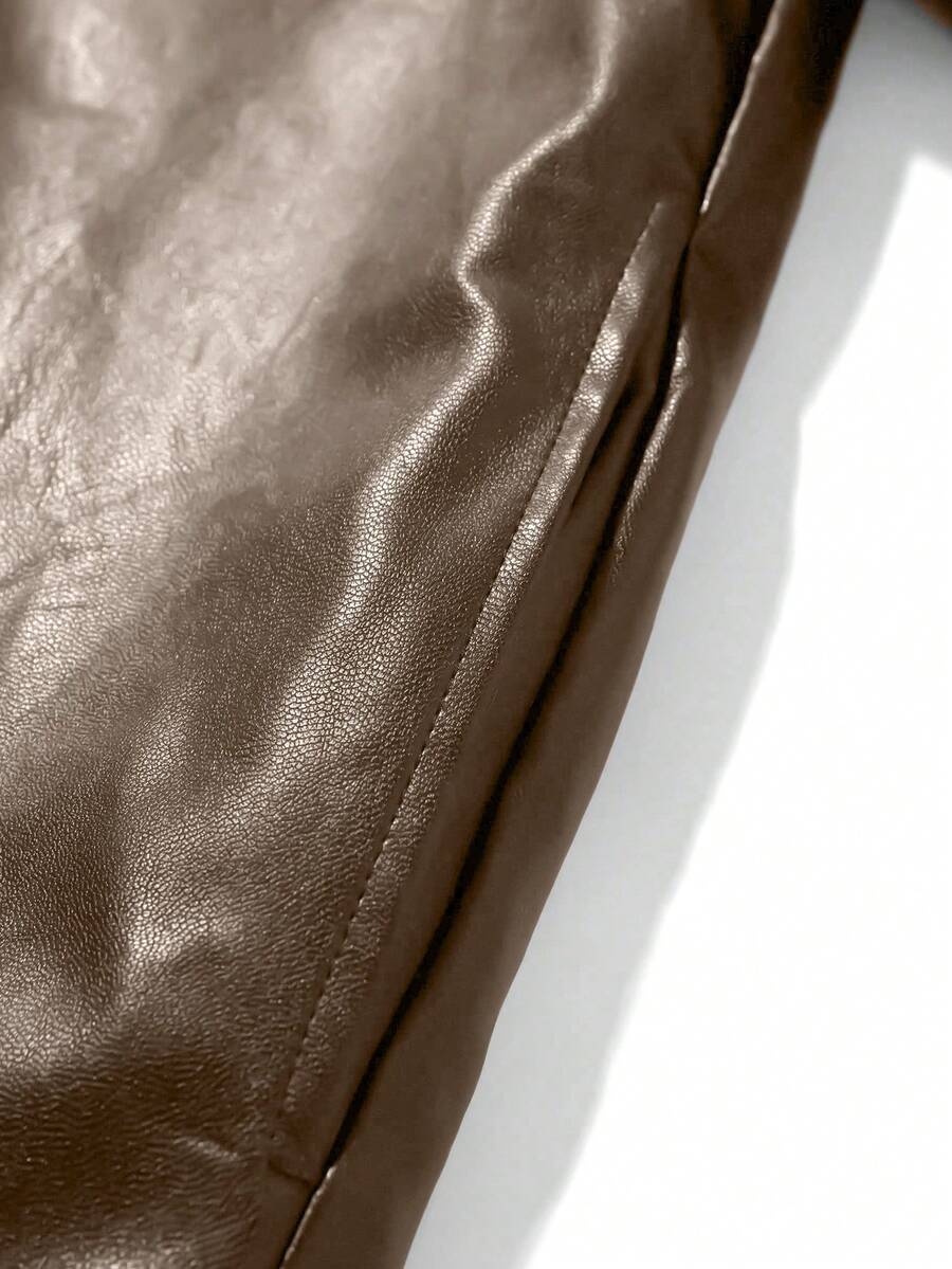 Manfinity LEGND Classic Brown PU Leather Jacket For Men Short Length Wrist-Length Sleeve, Fall/Winter