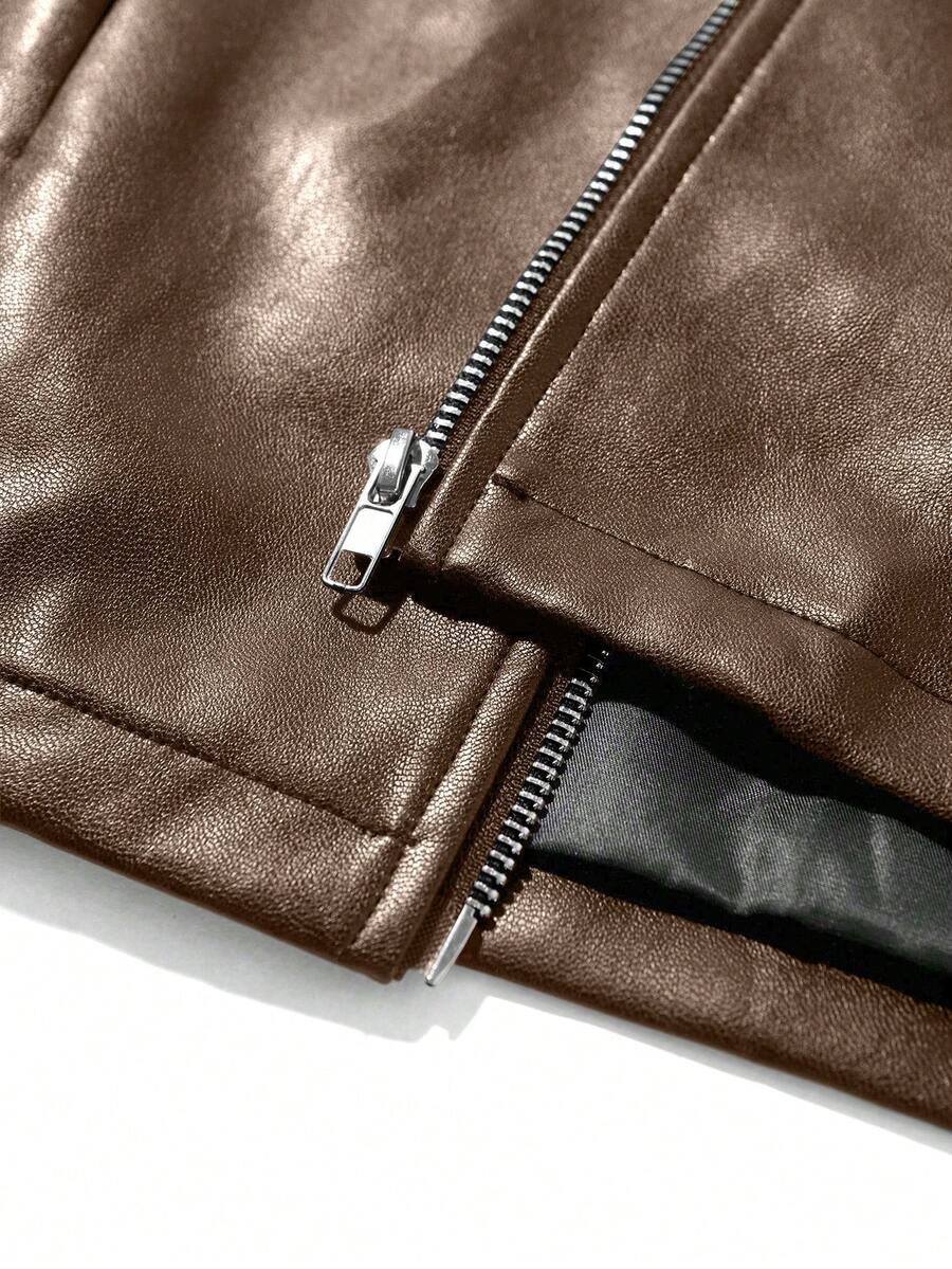 Manfinity LEGND Classic Brown PU Leather Jacket For Men Short Length Wrist-Length Sleeve, Fall/Winter