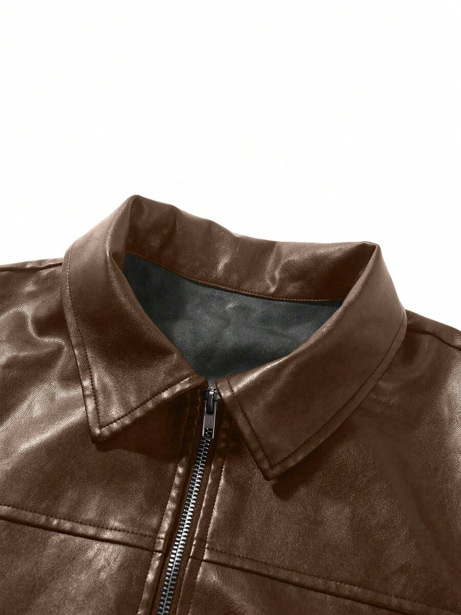 Manfinity LEGND Classic Brown PU Leather Jacket For Men Short Length Wrist-Length Sleeve, Fall/Winter