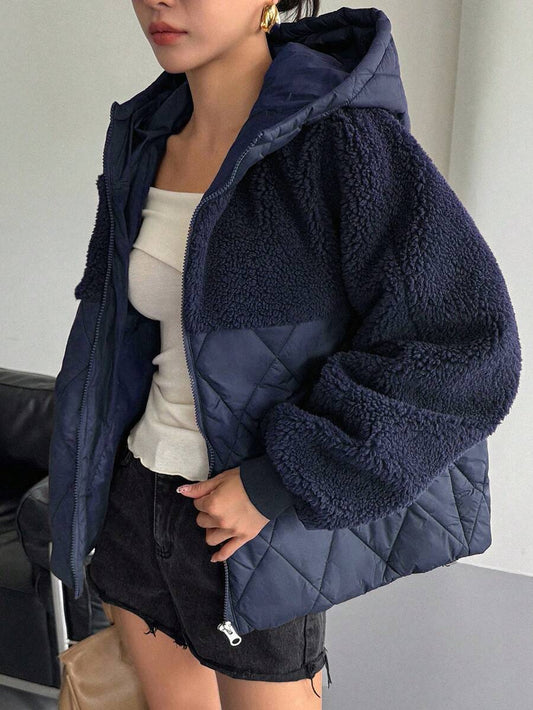 DAZY Women's Autumn/Winter Patchwork Houndstooth Short Lamb Wool Padded Coat