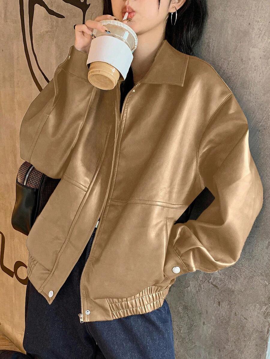DAZY Women's Casual Solid Color Long Sleeve Loose Zip-Up PU Leather Jacket, Fall Women Clothes