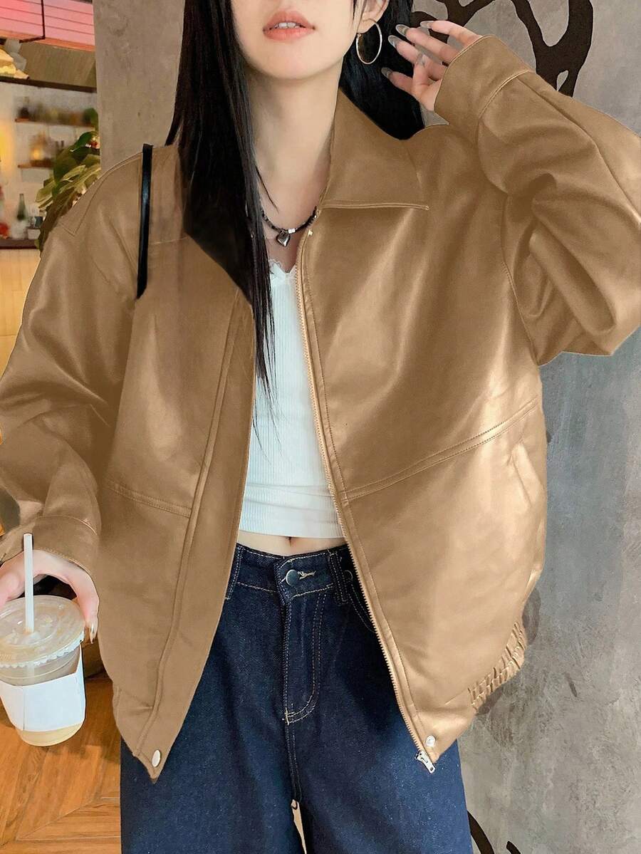 DAZY Women's Solid Color Long Sleeve Zipper Front PU Leather Loose Casual Jacket, Autumn, Fall Women Clothes