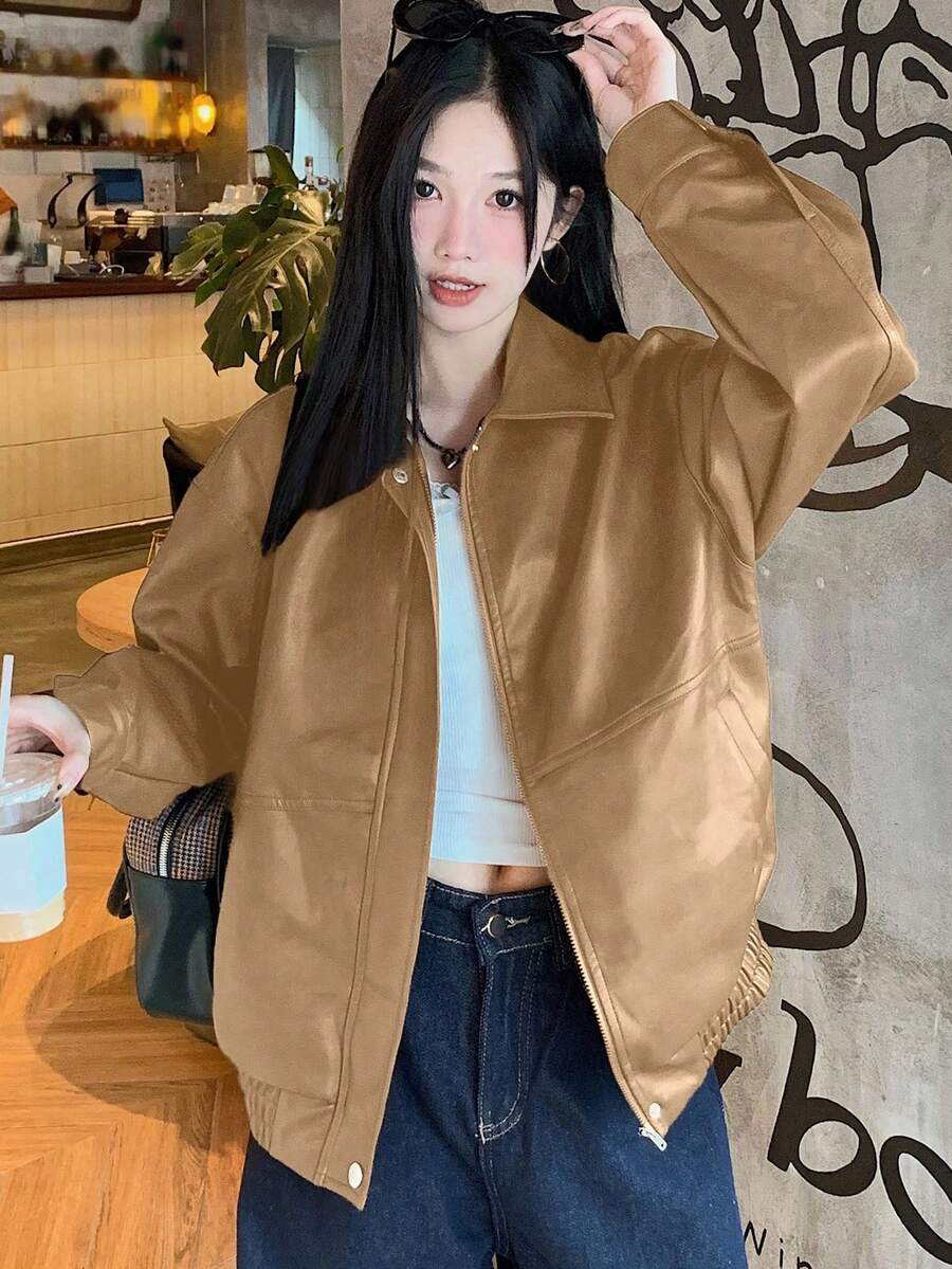 DAZY Women's Solid Color Long Sleeve Zipper Front PU Leather Loose Casual Jacket, Autumn, Fall Women Clothes