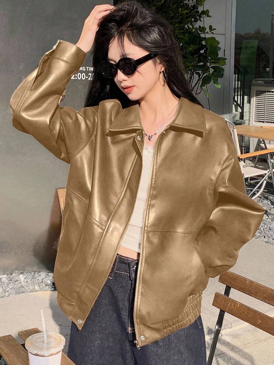 DAZY Women's Solid Color Long Sleeve Zipper Front PU Leather Loose Casual Jacket, Autumn, Fall Women Clothes