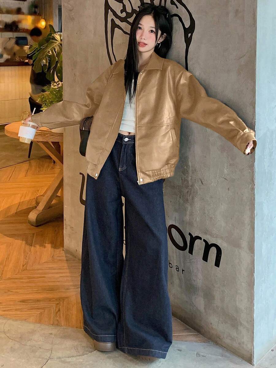 DAZY Women's Solid Color Long Sleeve Zipper Front PU Leather Loose Casual Jacket, Autumn, Fall Women Clothes