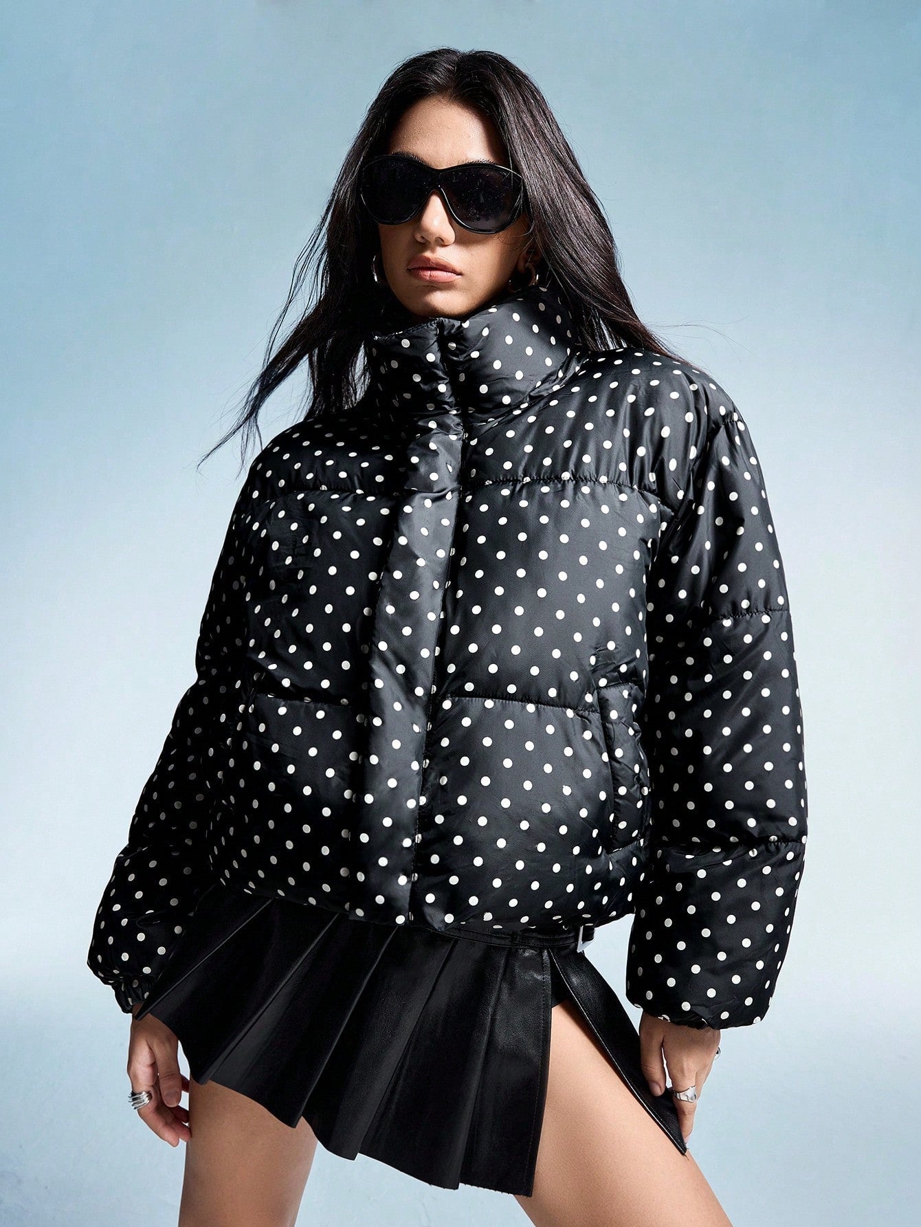Aveloria Affinna Autumn/Winter New Casual Fashionable Elegant Simple Versatile Zip-Up Black & White Polka Dot Random Print Mixed College Style Women Short Cotton Jacket