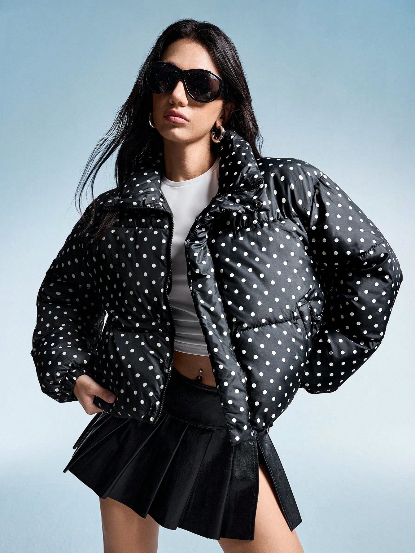 Aveloria Affinna Autumn/Winter New Casual Fashionable Elegant Simple Versatile Zip-Up Black & White Polka Dot Random Print Mixed College Style Women Short Cotton Jacket