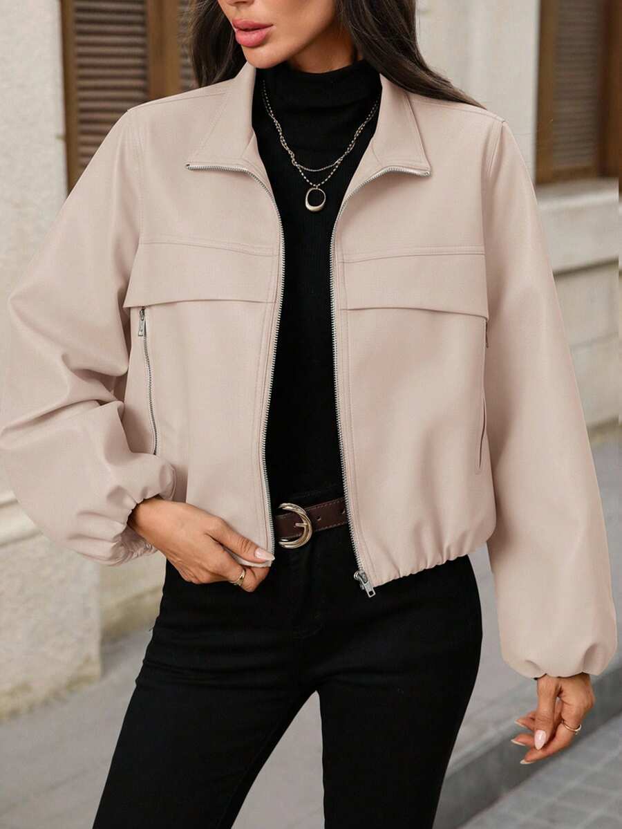 EMERY ROSE Women's Solid Color Lantern Sleeve Zipper Front PU Leather Jacket, Autumn