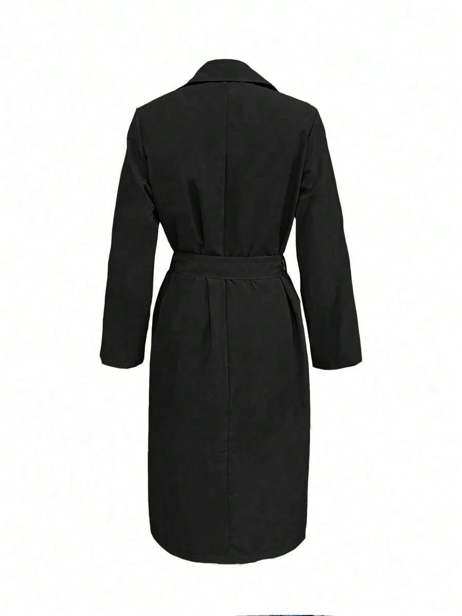 Women's Solid Color Long Sleeve Single-Breasted Casual Trench Coat, Suitable For Autumn/Winter Daily Wear