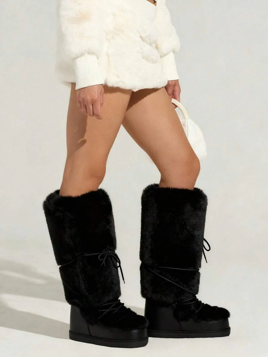 Women's Faux Fur Knee High Boots Fuzzy Fluffy Furry Snow Boots Round Toe With Lace-Up Design Cute Warm Suitable For Christmas Halloween And Winter