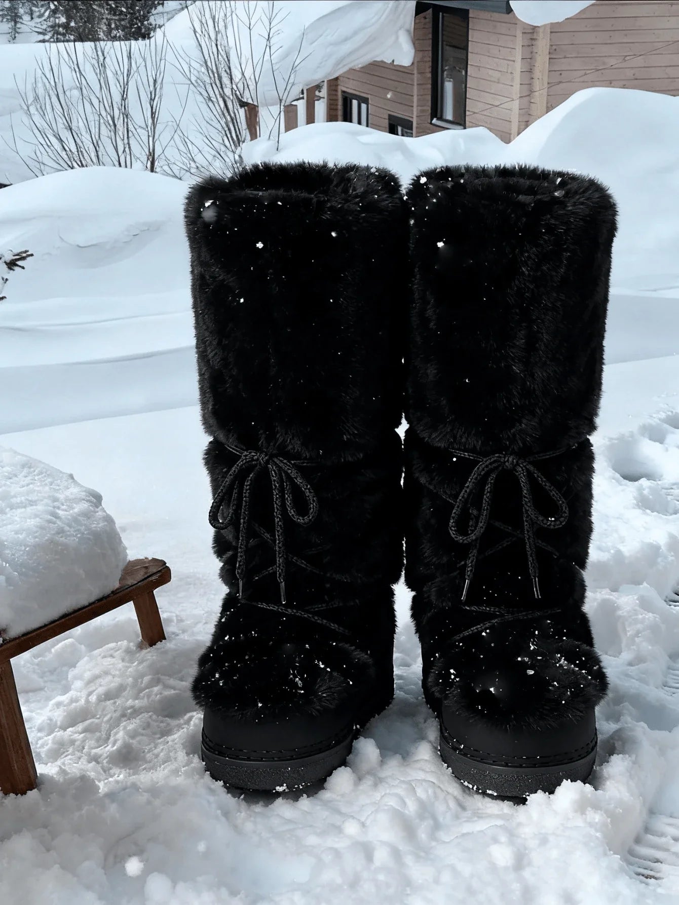 Women's Faux Fur Knee High Boots Fuzzy Fluffy Furry Snow Boots Round Toe With Lace-Up Design Cute Warm Suitable For Christmas Halloween And Winter