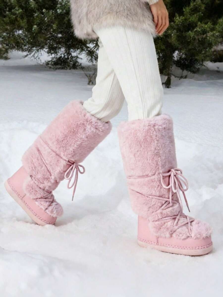 Women's Faux Fur Knee High Boots Fuzzy Fluffy Furry Snow Boots Round Toe With Lace-Up Design Cute Warm Suitable For Christmas Halloween And Winter