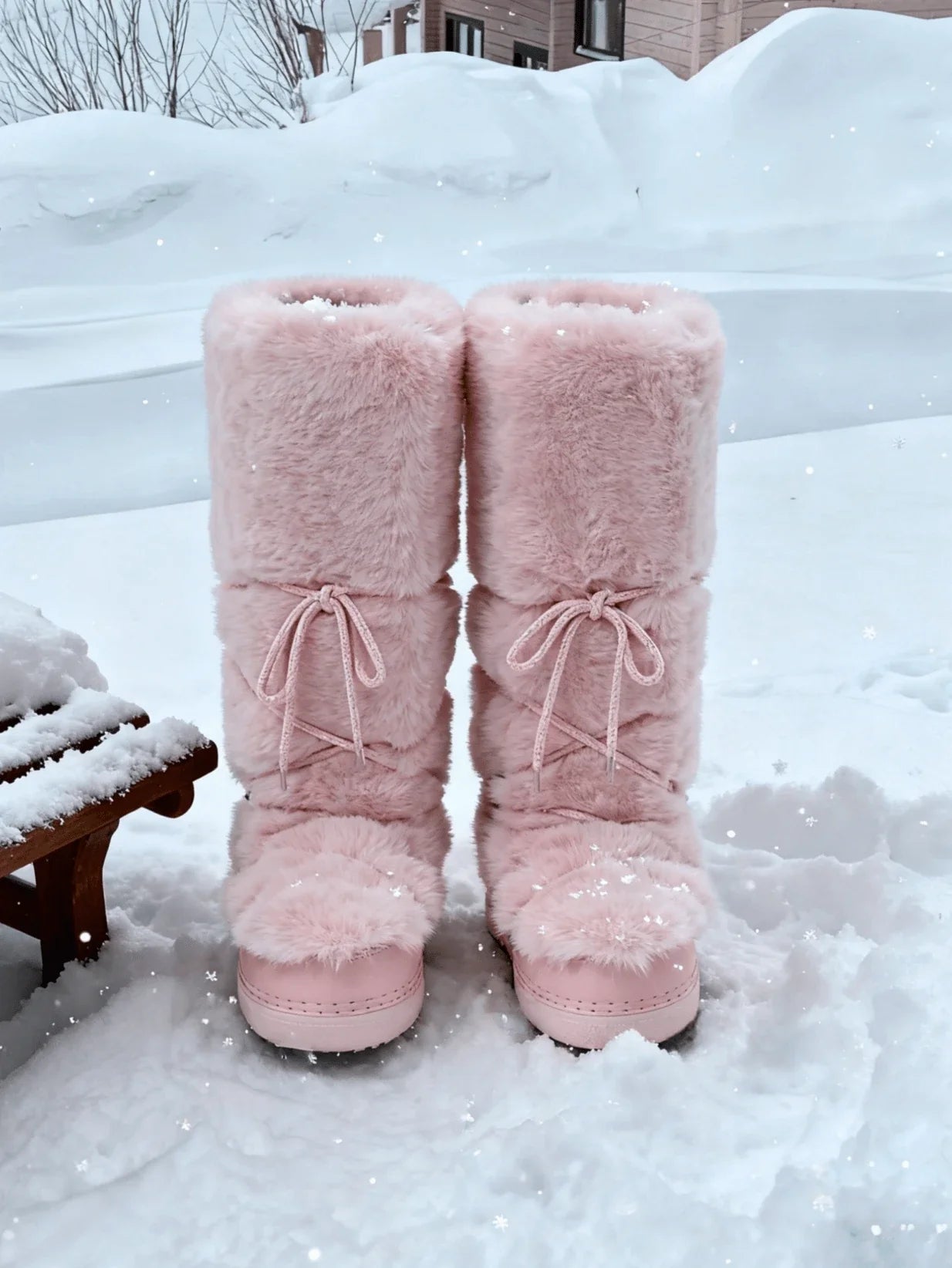 Women's Faux Fur Knee High Boots Fuzzy Fluffy Furry Snow Boots Round Toe With Lace-Up Design Cute Warm Suitable For Christmas Halloween And Winter