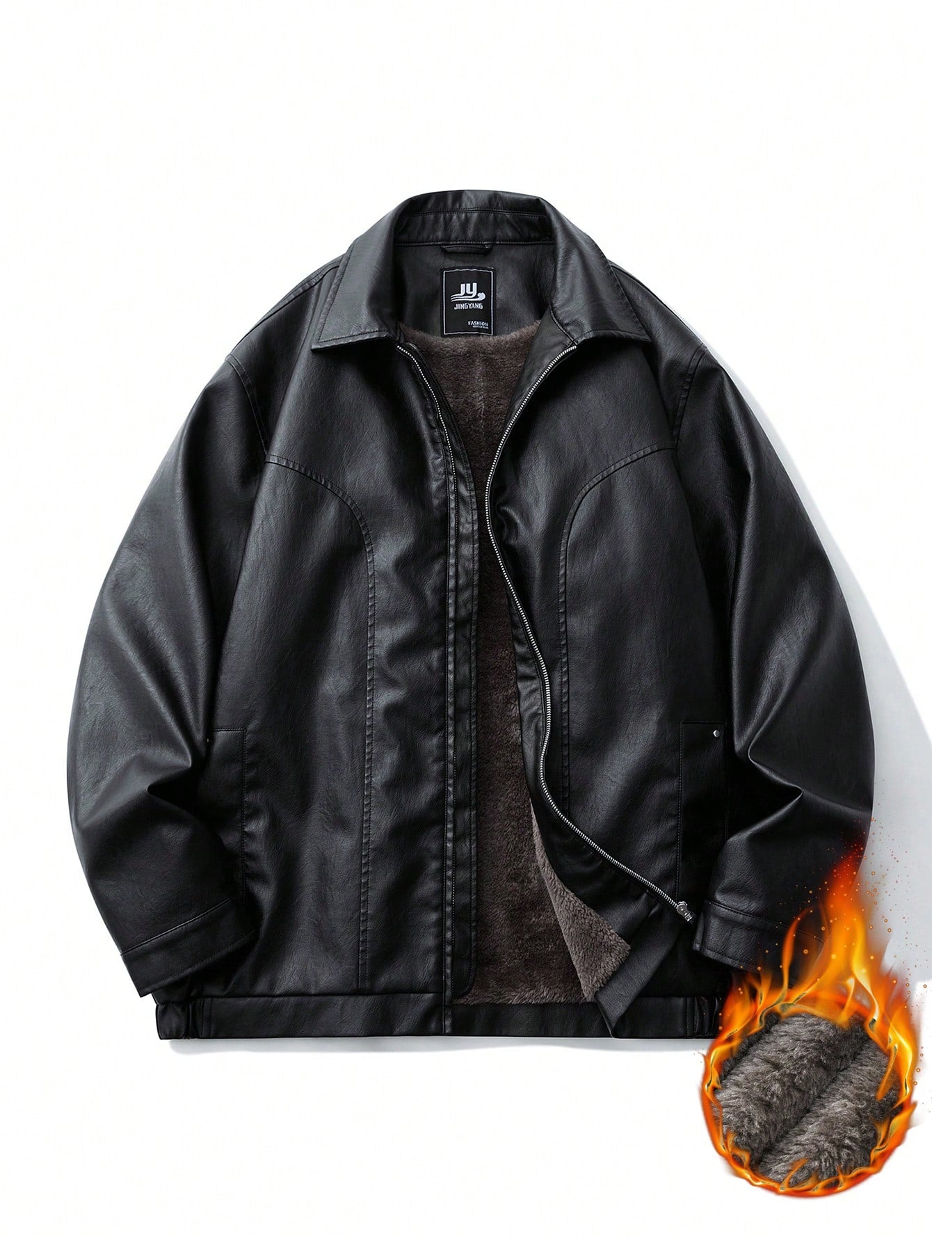 Plus Size Thermal-Lined PU Leather Jacket, Black Lapel Thermal-Lined Thick Motorcycle Leather Jacket, Suitable For Autumn/Winter