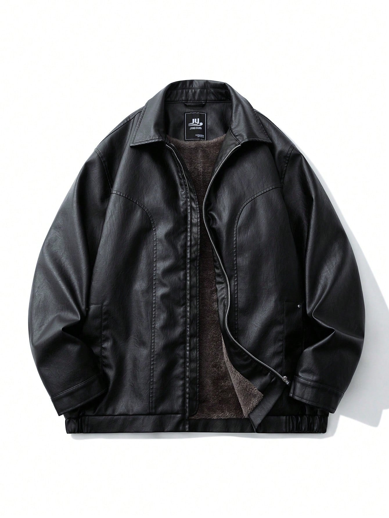 Plus Size Thermal-Lined PU Leather Jacket, Black Lapel Thermal-Lined Thick Motorcycle Leather Jacket, Suitable For Autumn/Winter