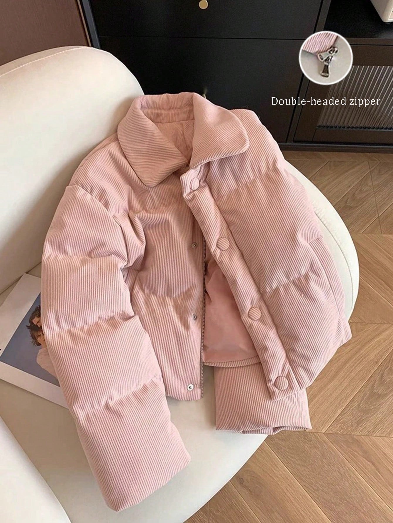 GlowEve Women's Autumn/Winter Korean Style Pink Corduroy Patchwork Collar Cotton Padded Jacket, Unique Design Versatile Outerwear