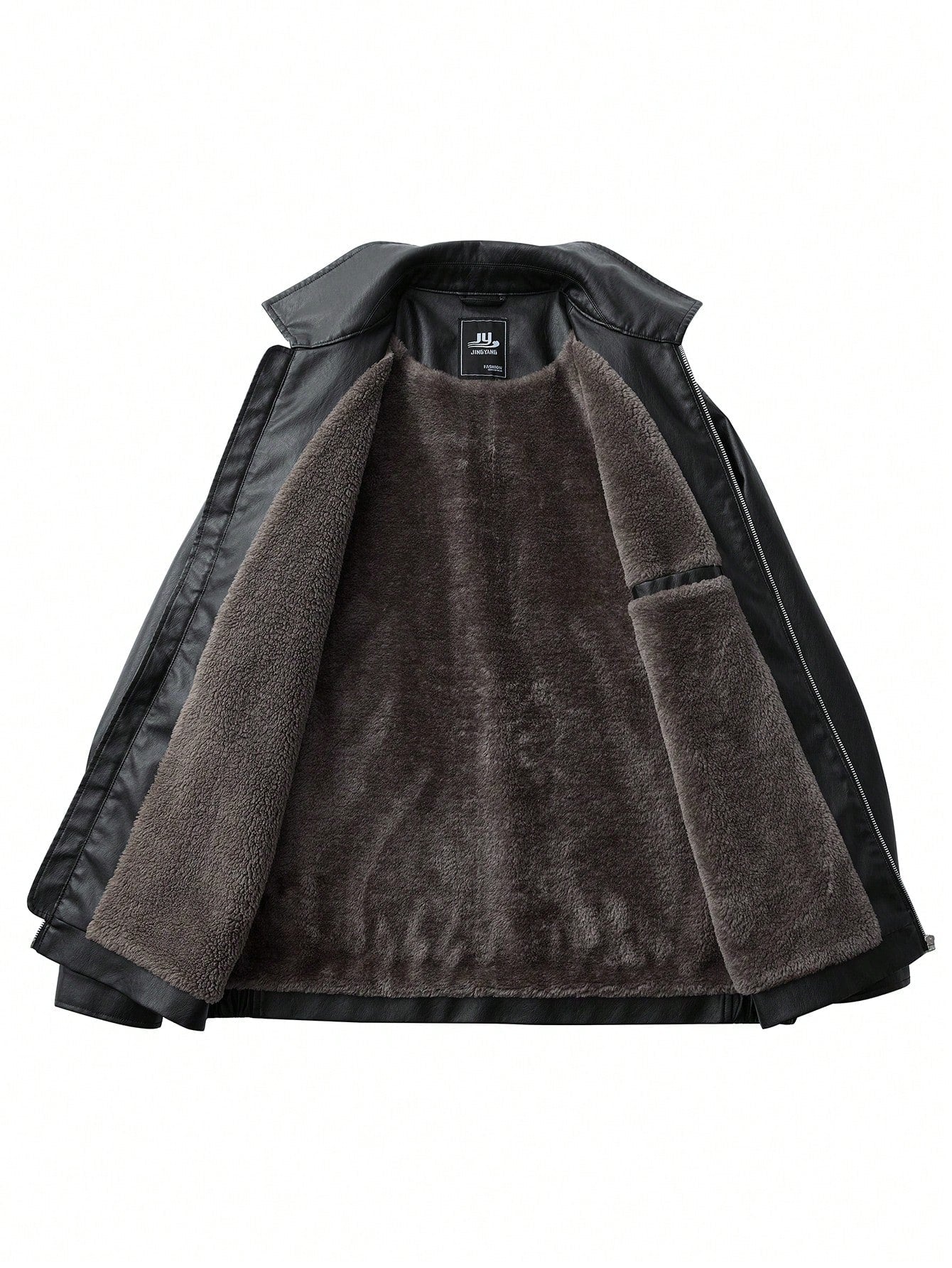 Plus Size Thermal-Lined PU Leather Jacket, Black Lapel Thermal-Lined Thick Motorcycle Leather Jacket, Suitable For Autumn/Winter