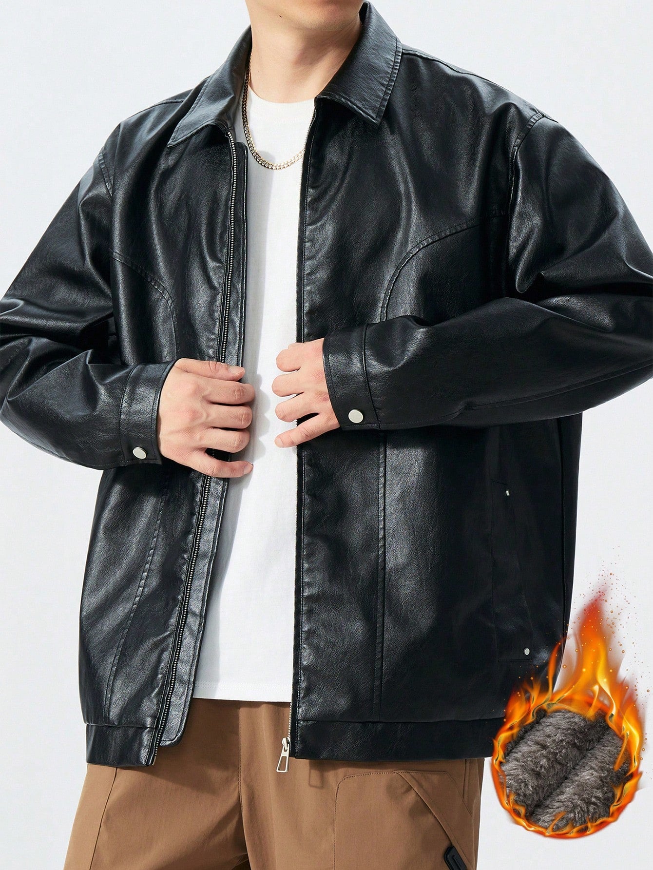 Plus Size Thermal-Lined PU Leather Jacket, Black Lapel Thermal-Lined Thick Motorcycle Leather Jacket, Suitable For Autumn/Winter