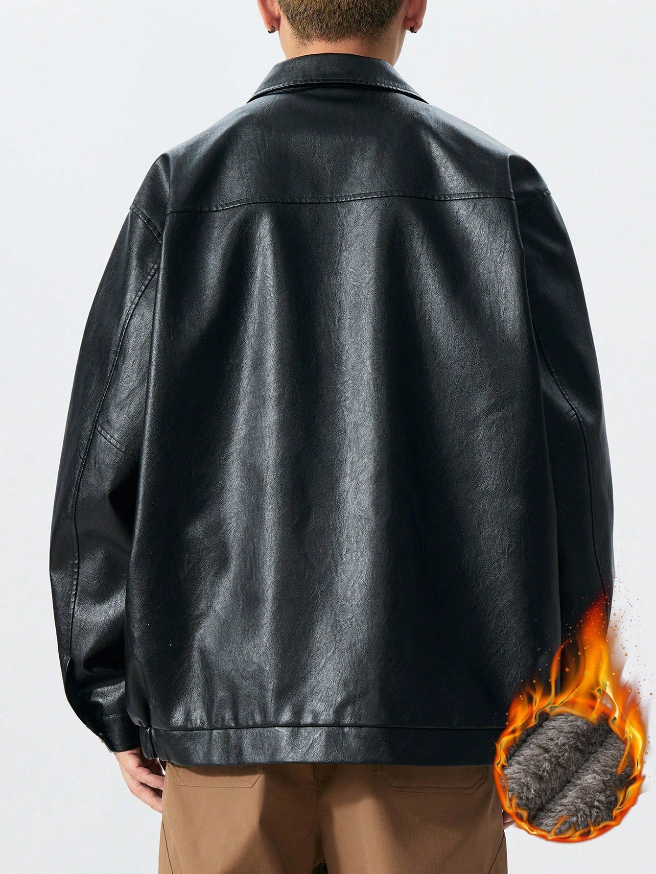 Plus Size Thermal-Lined PU Leather Jacket, Black Lapel Thermal-Lined Thick Motorcycle Leather Jacket, Suitable For Autumn/Winter