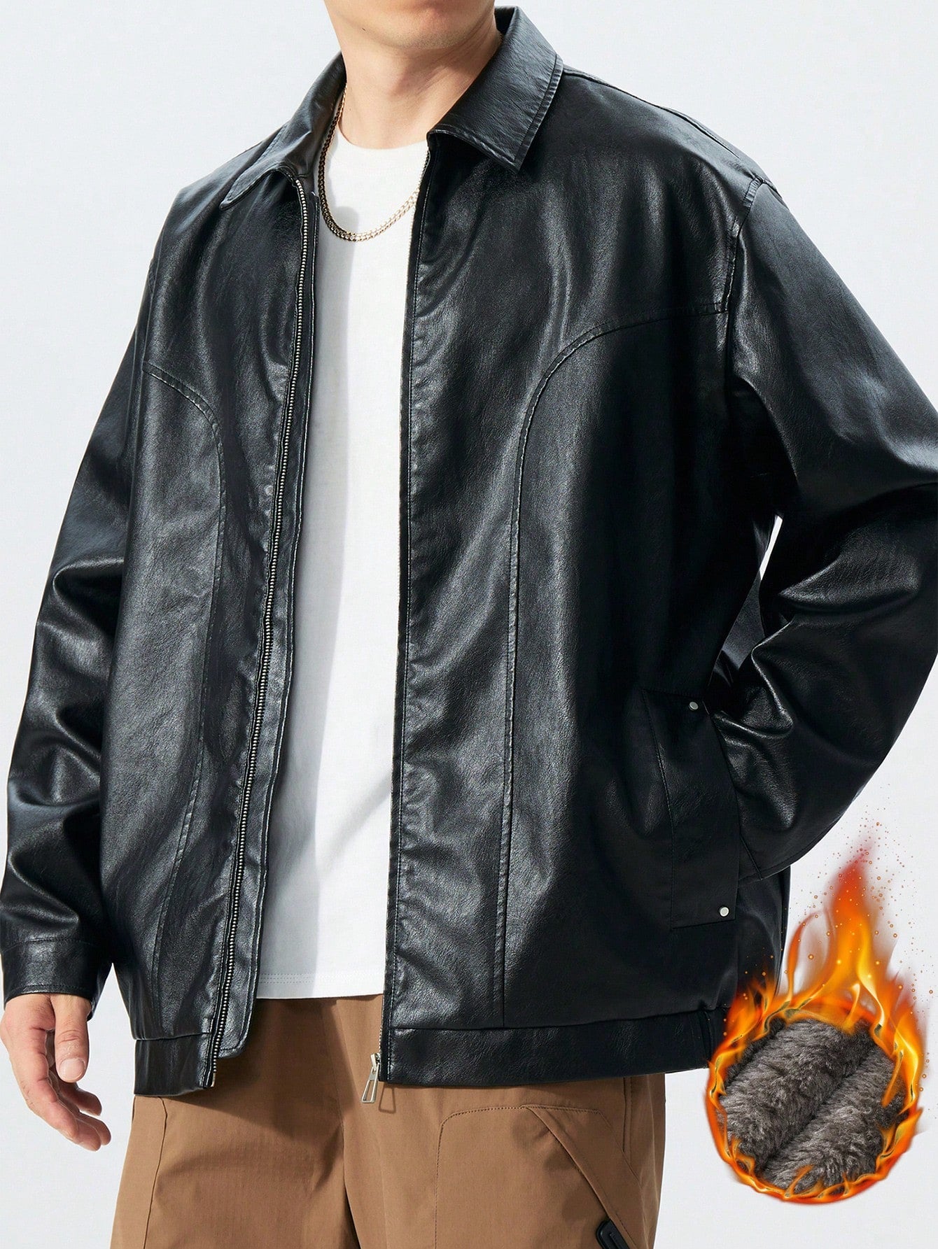 Plus Size Thermal-Lined PU Leather Jacket, Black Lapel Thermal-Lined Thick Motorcycle Leather Jacket, Suitable For Autumn/Winter