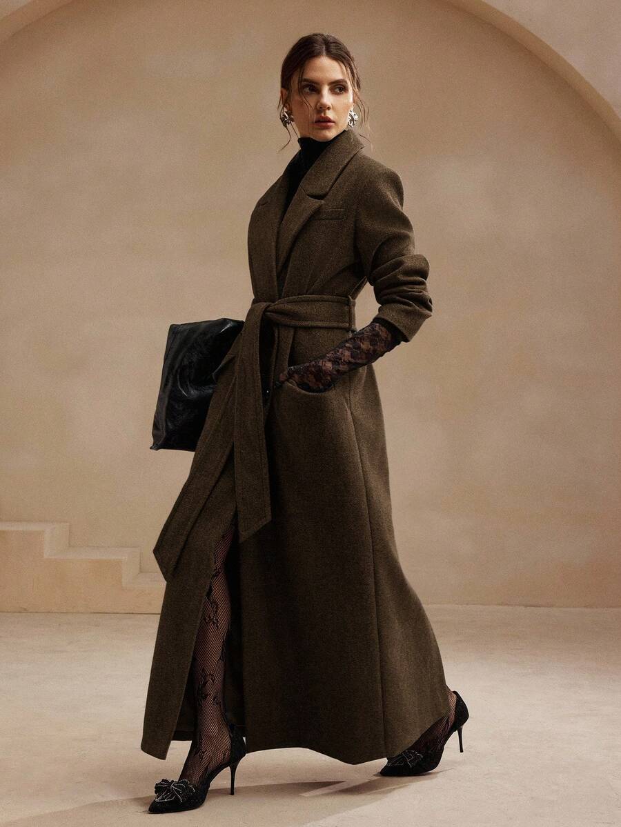 Anewsta Women's Khaki Long Belted Overcoat With Lapel Collar