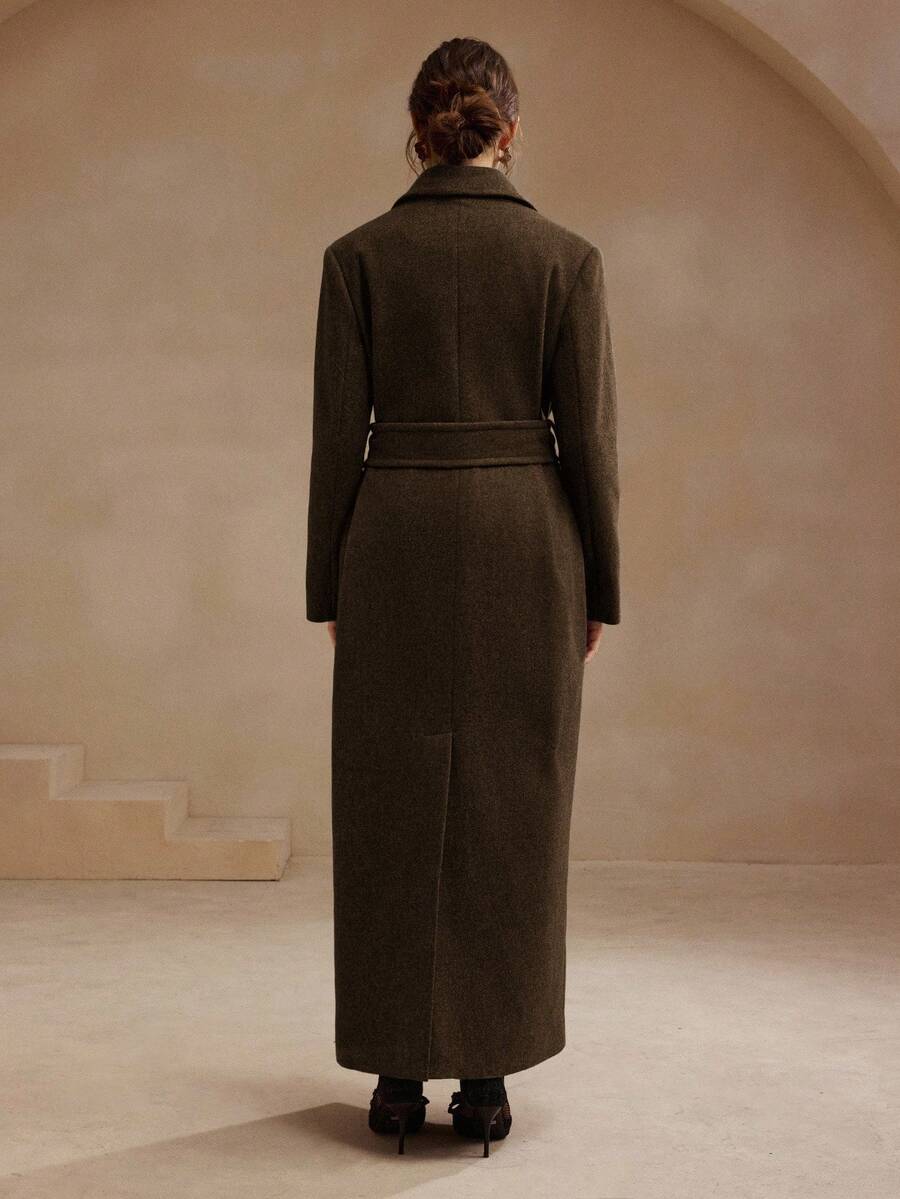 Anewsta Women's Khaki Long Belted Overcoat With Lapel Collar